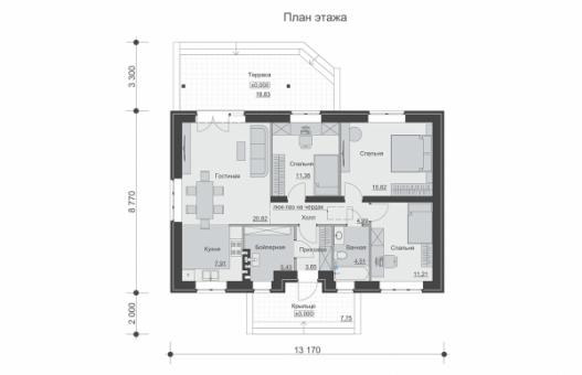 Одноэтажный дом с террасой, 3 спальнями и отделкой облицовочным кирпичом
